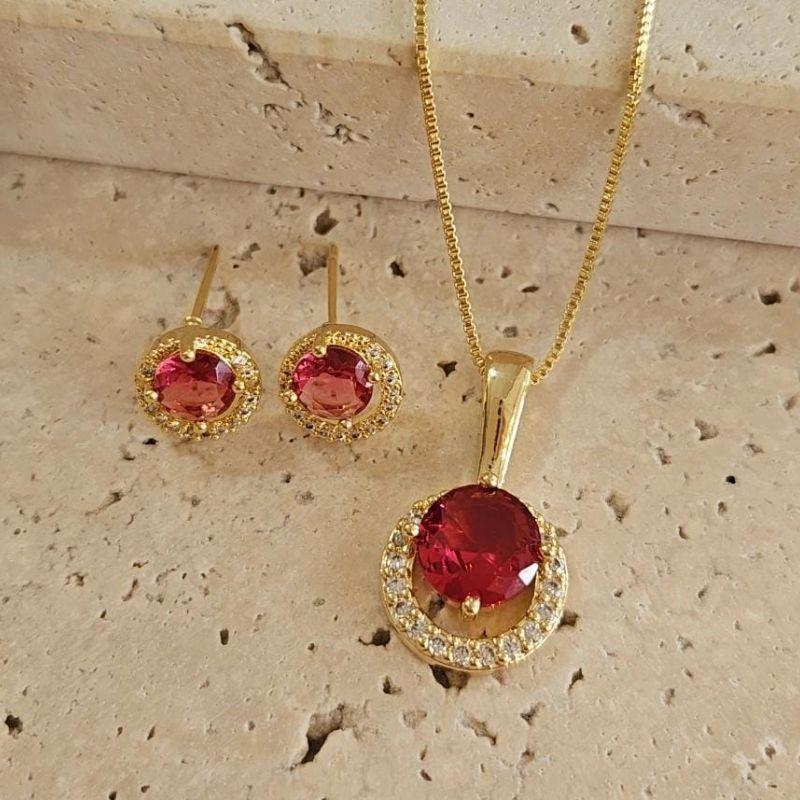 Conjunto Pedra Rubi Cravejado