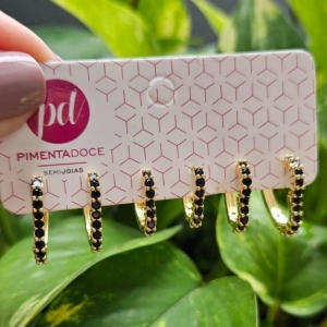 Trio de Argola Coração Zirconias  Negras