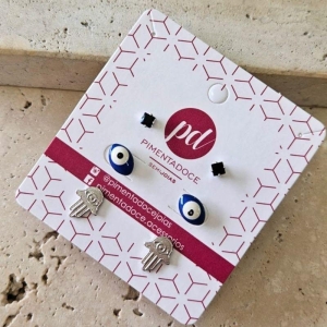 Brinco Trio Mão/Olho/Pedra