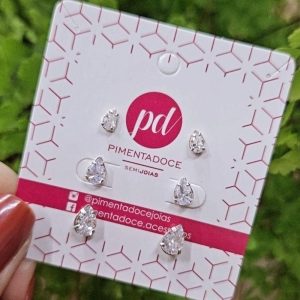 Brinco Trio Zirconia Gota Prata