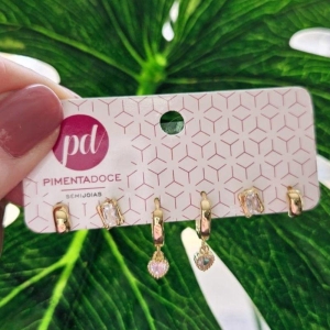 Brinco Trio Argola Coração/Zirconia/Chapa