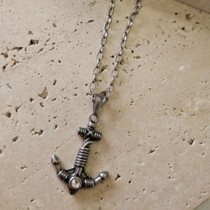 Colar Ancora com Pedra MAsculino 60cm Aço Inox