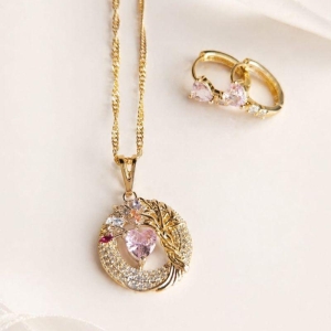 Conjunto Arvore com Coração Rosa Cravejado 50cm