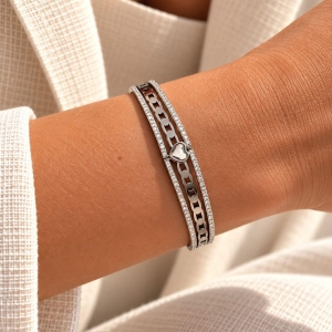 Bracelete Triplo Corrente Zirconia Coração em Aço Inox