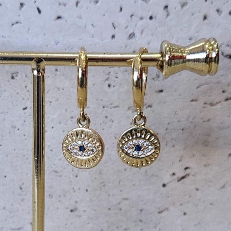 Brinco Argola Olho Grego Cravejado com Zircônia Azul