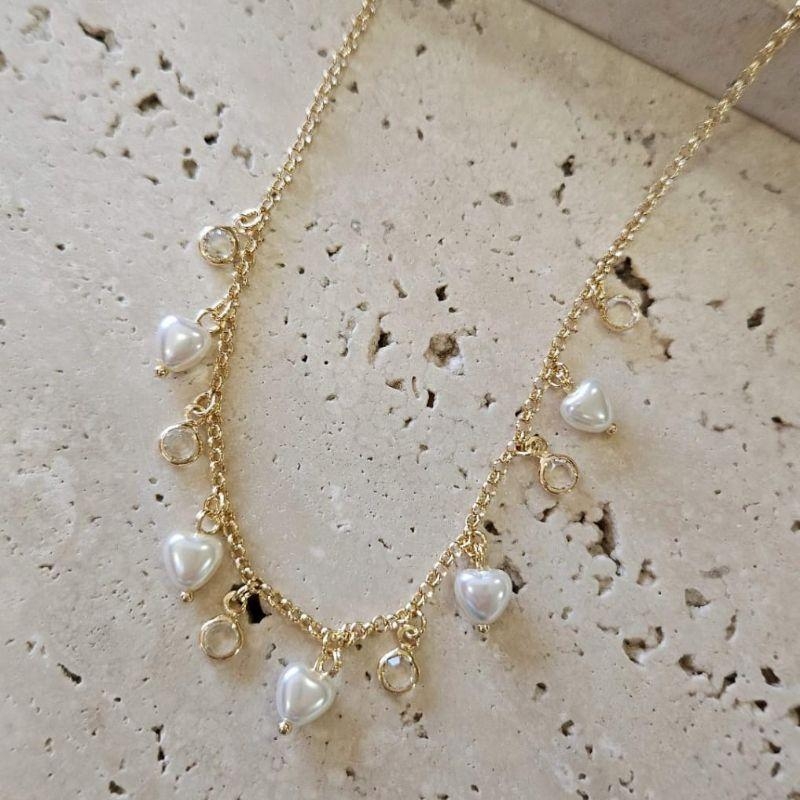 Choker Perolas Coração e Zirconias