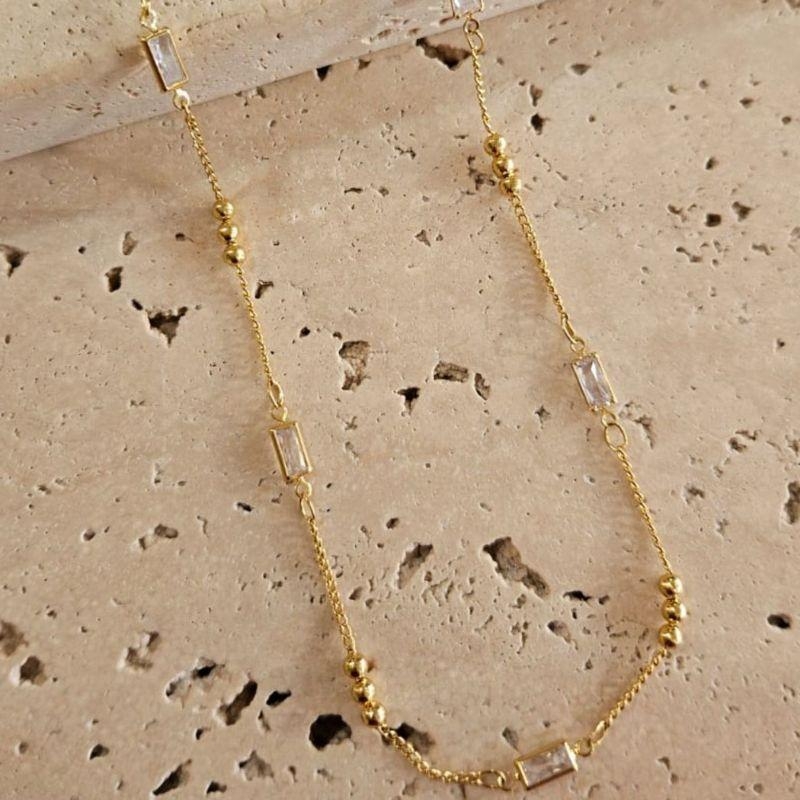 Gargantilha Bolinhas e Zirconia Baguete 45cm