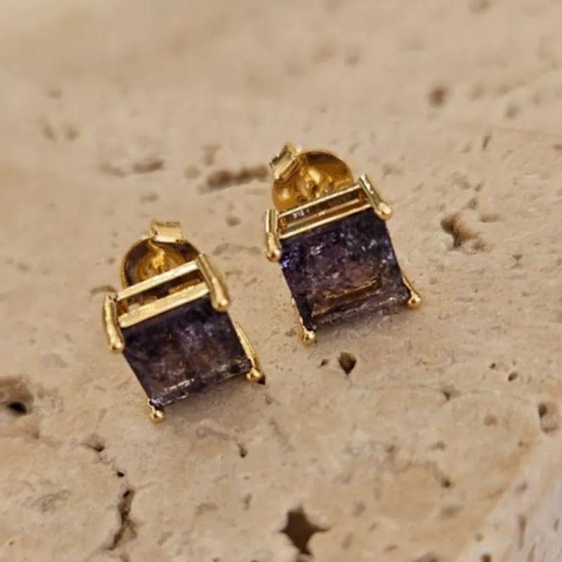 Brinco Quadrado Pedra Fusion Roxa
