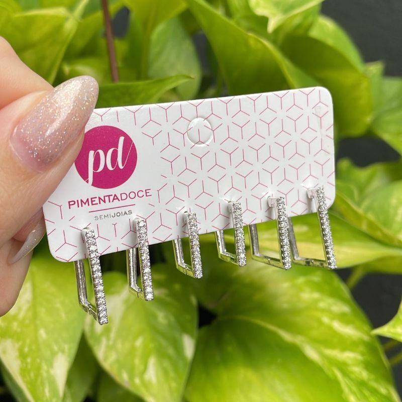 Brinco Trio Argolas Retangulares Cravejadas