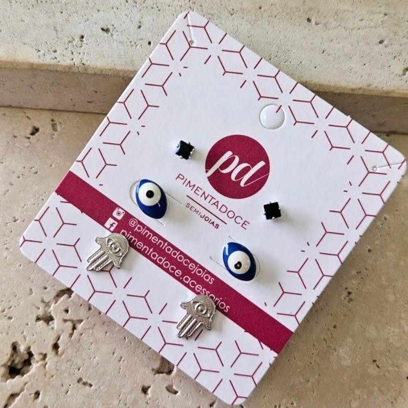 Brinco Trio Mão/Olho/Pedra