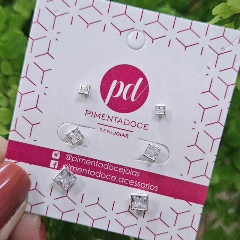 Brinco Trio Zirconia Carre Prata