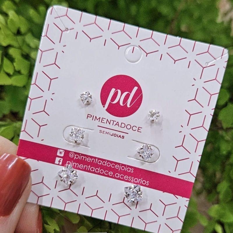 Brinco Trio Zirconia Quadrada Prata