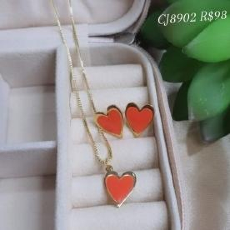 Conjunto Coração Com Resina Laranja
