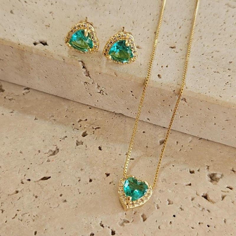 Conjunto Coração Pedra Turmalina 40+5cm