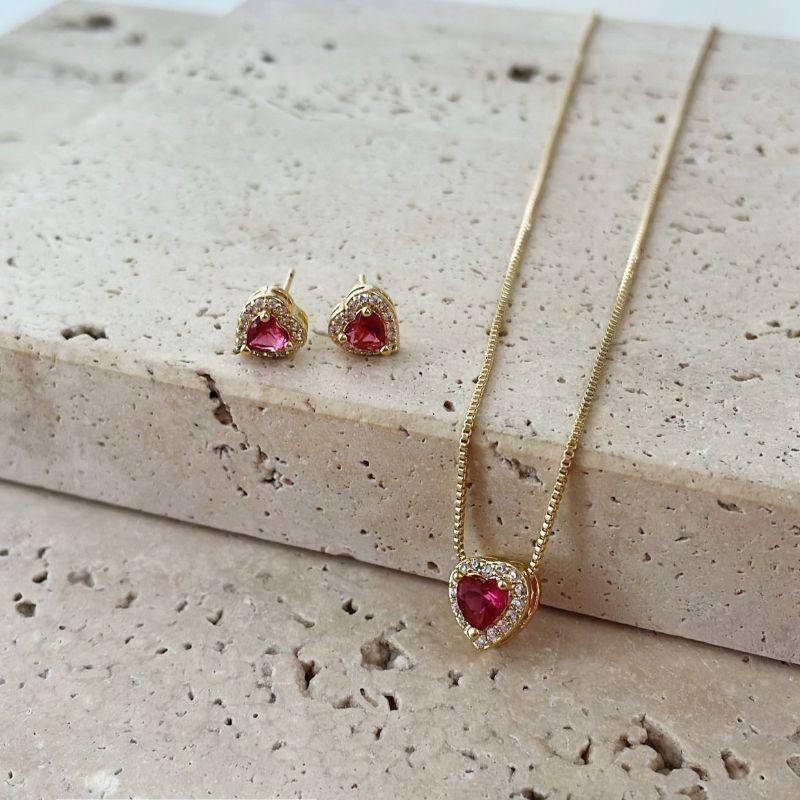 Conjunto Coração Rubi Cravejado Mini