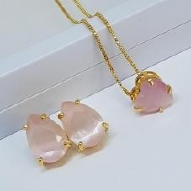 Conjunto Gota/Coração Calcedônia Rosa