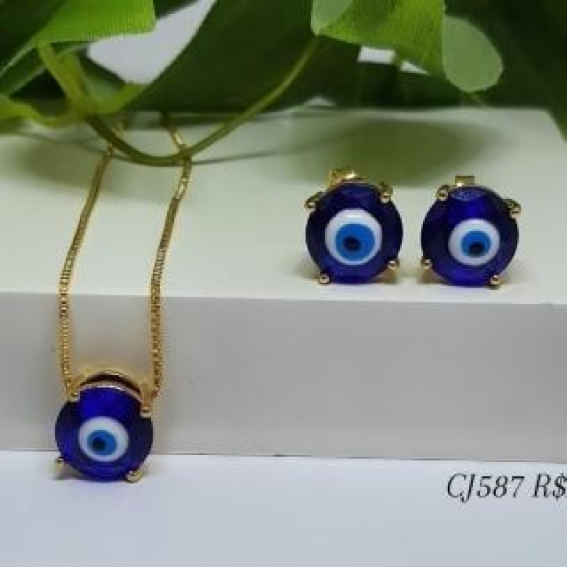 Conjunto Olho Grego Zirconia Azul