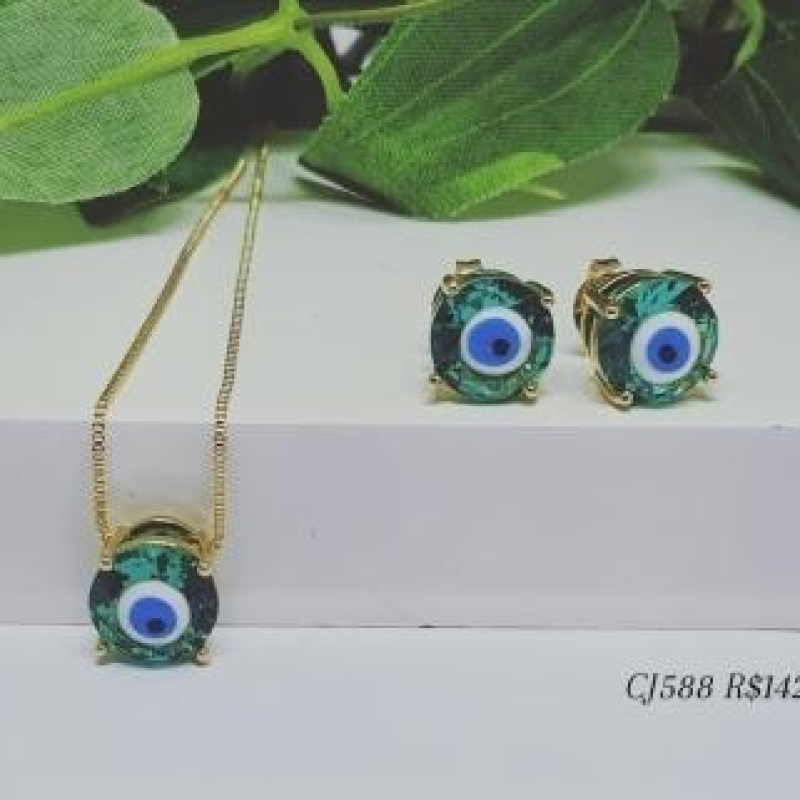 Conjunto Olho Grego Zirconia Verde