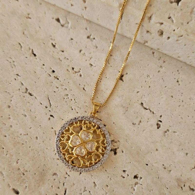 Gargantilha Trevo Coração Zirconias 50cm