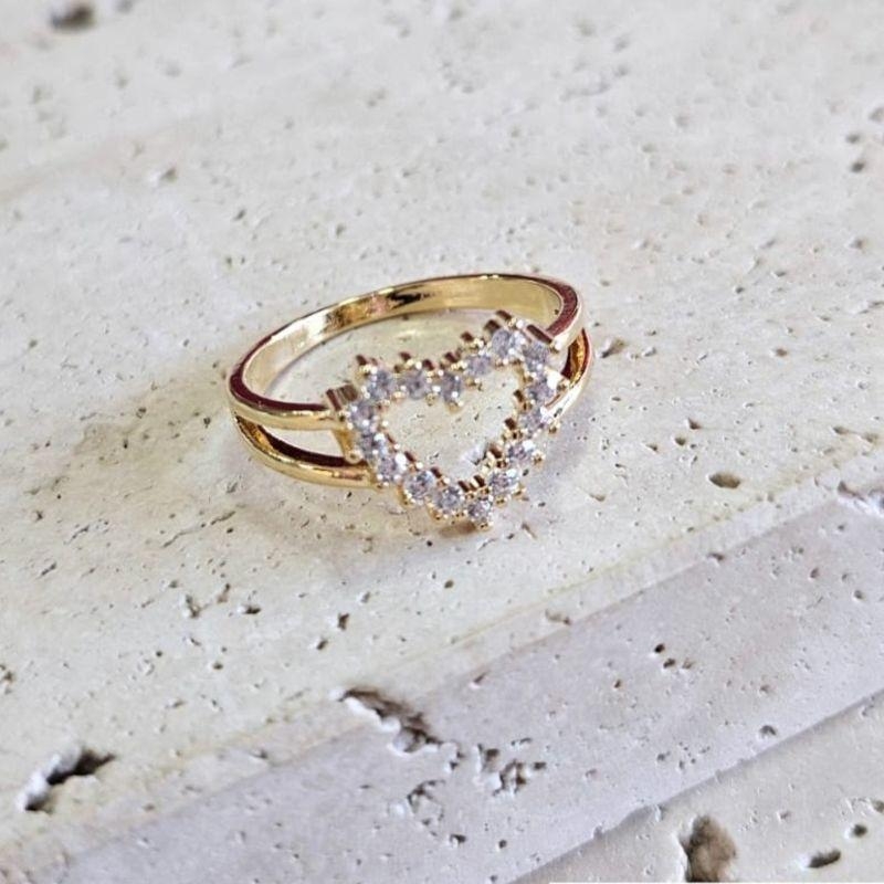 Anel Coração Vazado Cravejado Aro Duplo