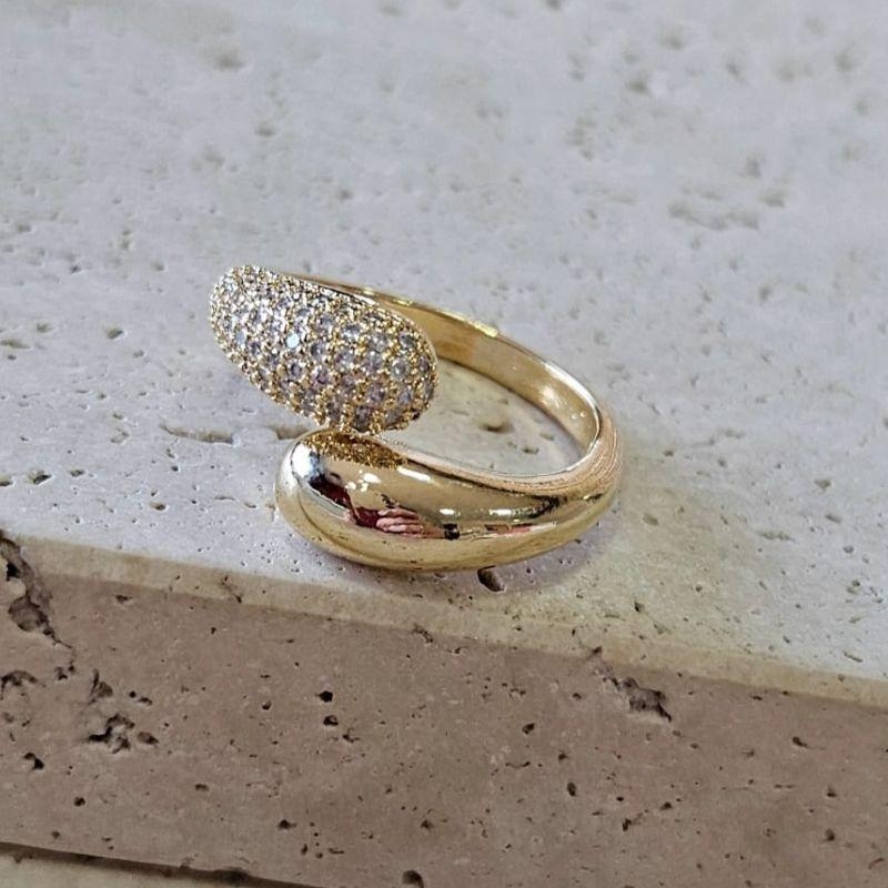 Anel Gota Dupla Lisa e Cravejada