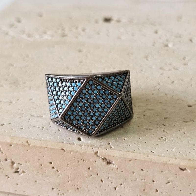 Anel Sextavado com Nano Turquesa