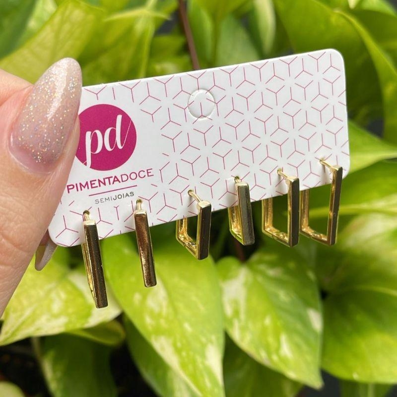 Brinco Trio Argola Retangular Lisa