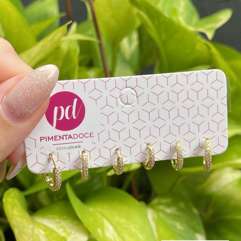 Brinco Trio Argolinhas Zirconia Arredondada