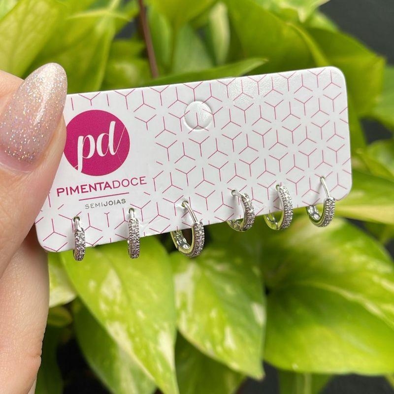 Brinco Trio Argolinhas Zirconia Arredondada