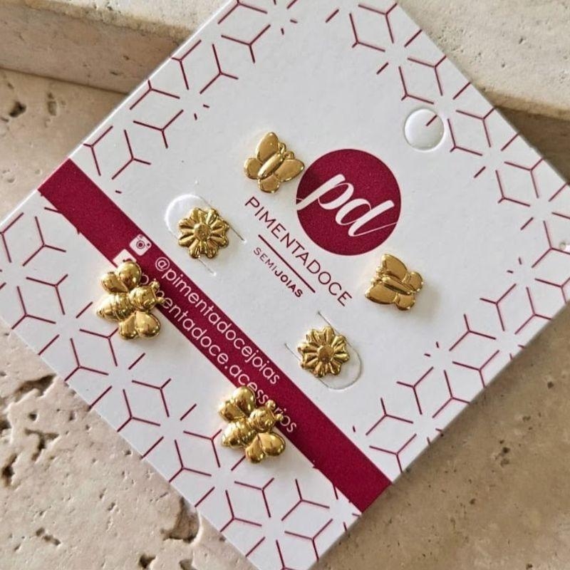 Brinco Trio Abelha/Flor/Borboleta