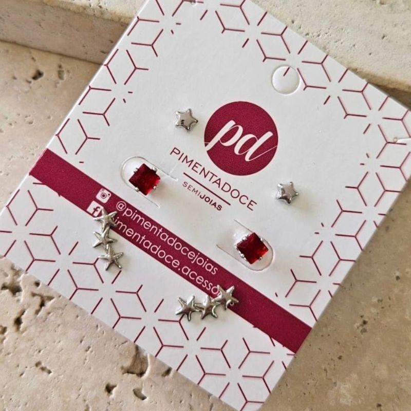Brinco Trio Estrela e Pedra Vermelha
