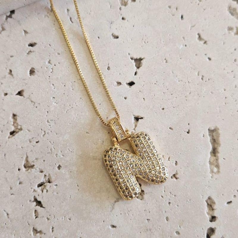 Gargantilha Inicial N Puffer Cravejada 45cm