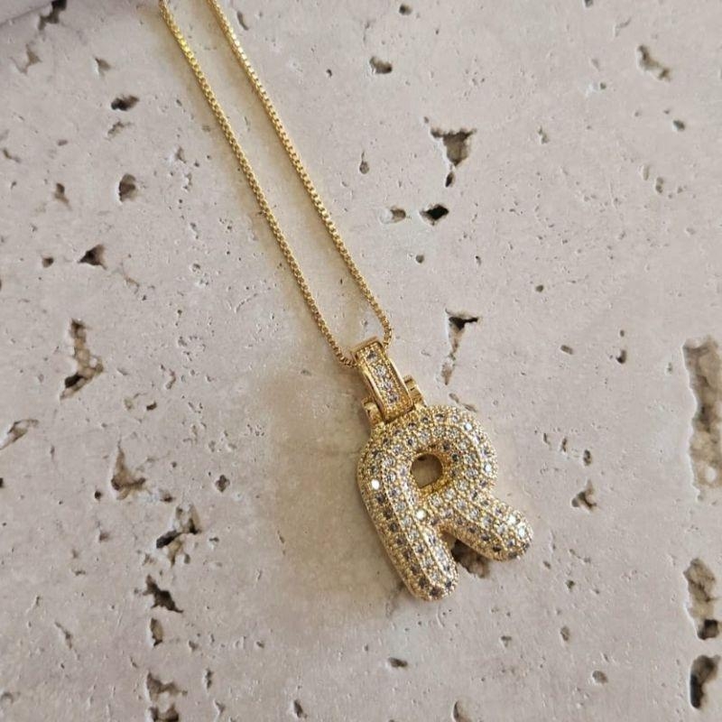 Gargantilha Inicial R Puffer Cravejada 45cm