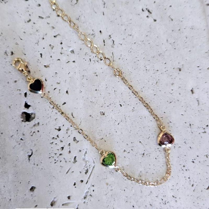 Pulseira Corações Pedras Coloridas 18cm