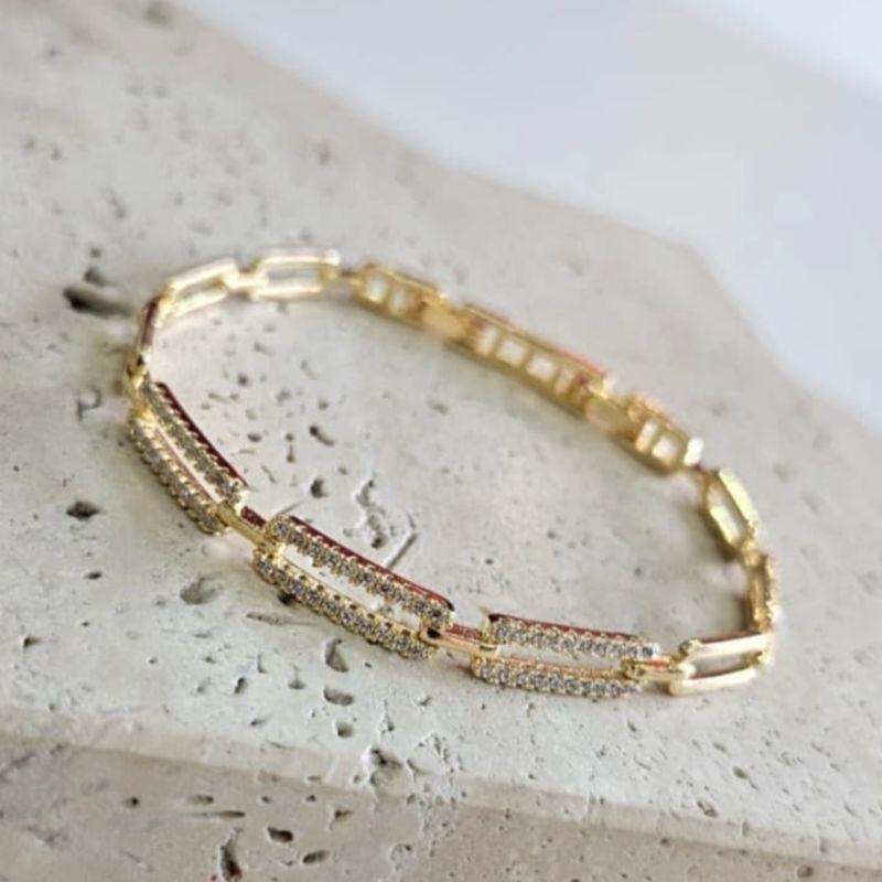 Pulseira Retangular Cravejada e Lisa