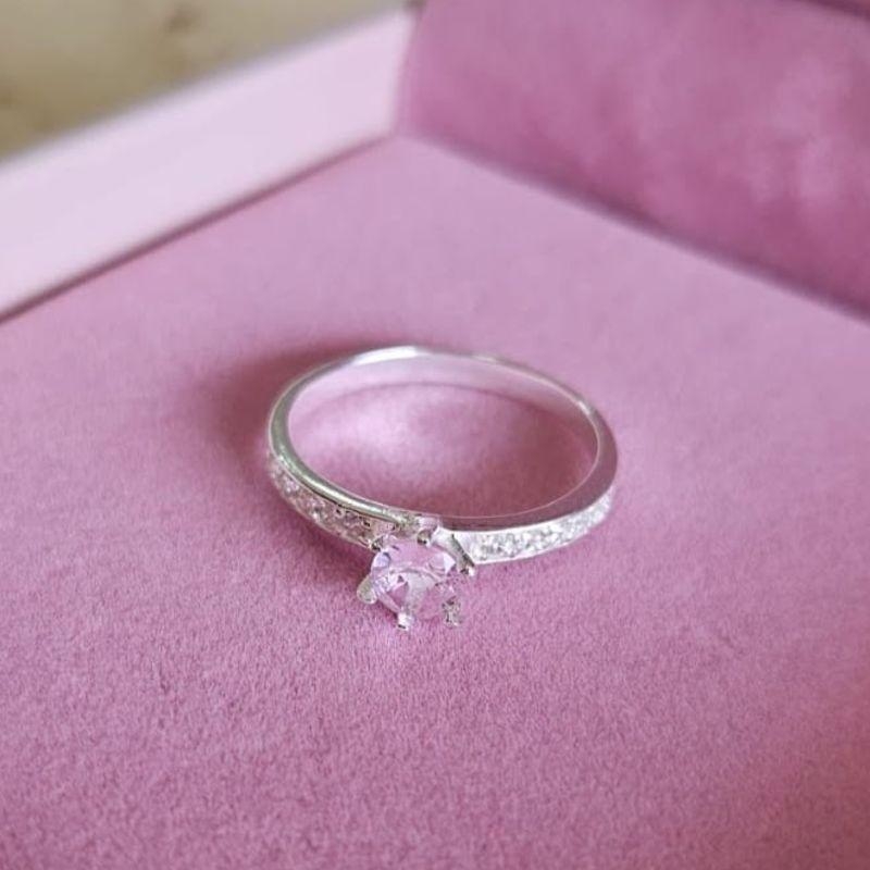 Anel Solitario Cravejado Pedra Rosa Prata