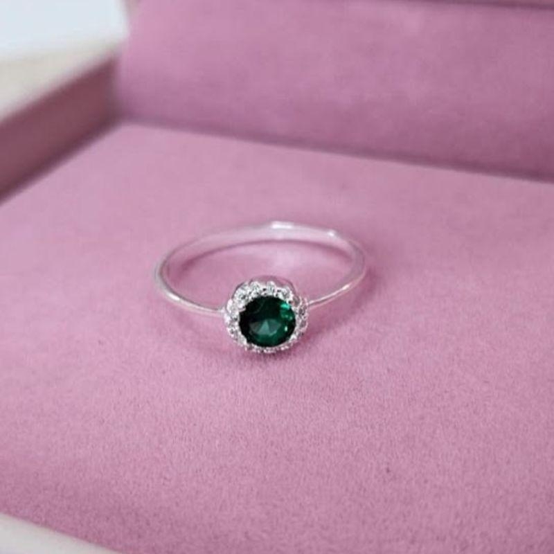 Anel Solitario Pedra Redonda Verde Prata