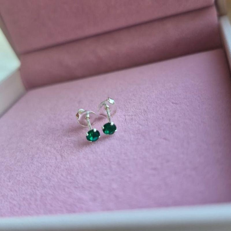 Brinco Ponto de Luz 3mm Verde Escuro Prata