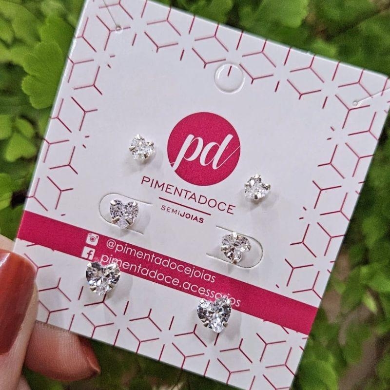 Brinco Trio Zirconia Coração Prata