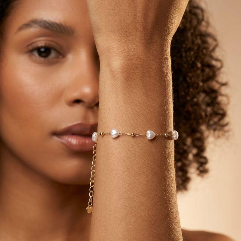 Pulseira Coração Pérola e Bolinha 18cm