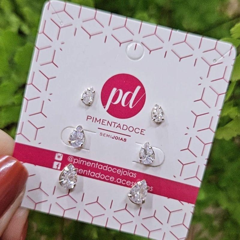 Brinco Trio Zirconia Gota Prata