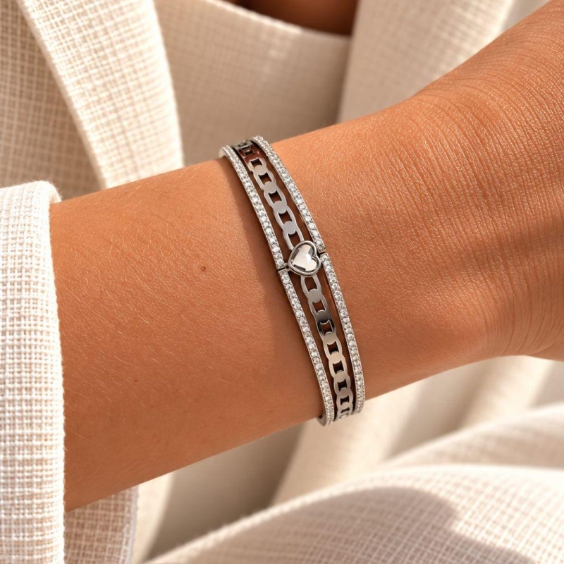 Bracelete Triplo Corrente Zirconia Coração em Aço Inox