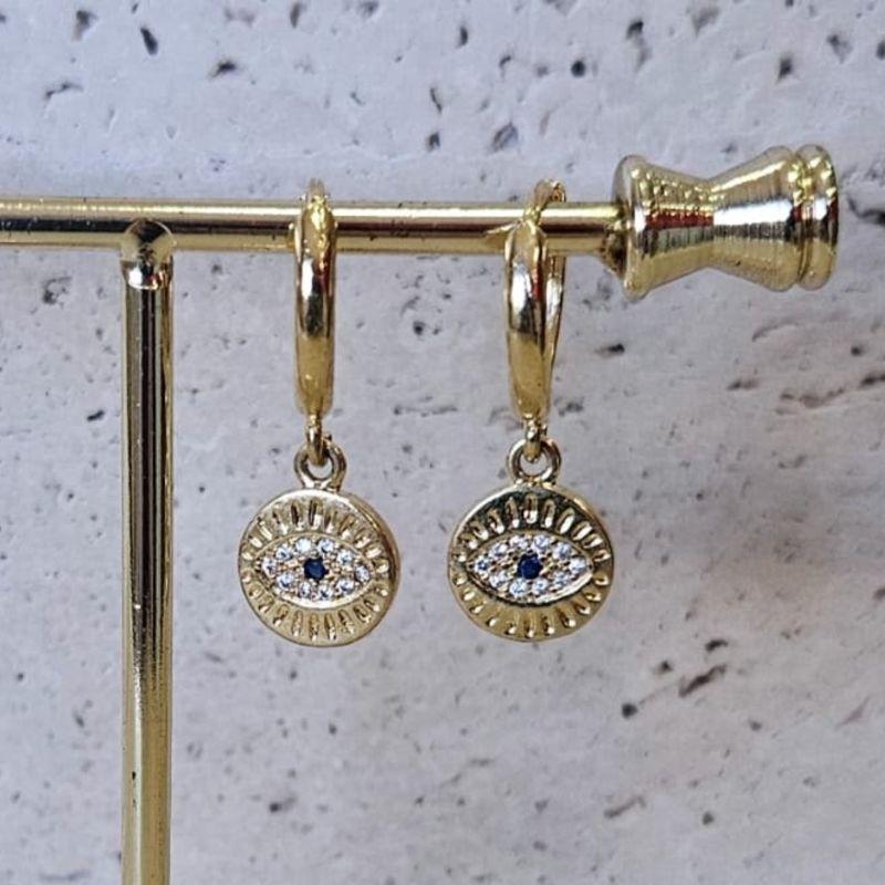 Brinco Argola Olho Grego Cravejado com Zircônia Azul