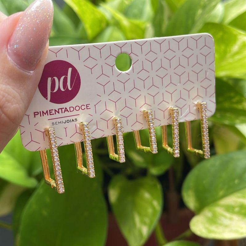 Brinco Trio Argolas Retangulares Cravejadas