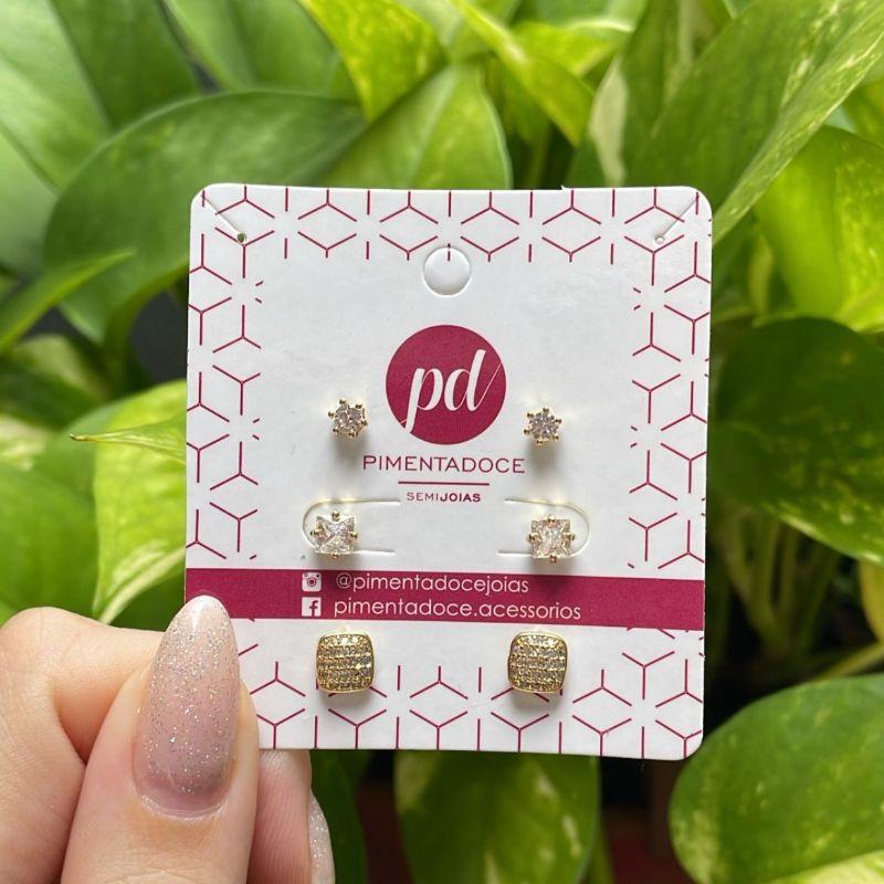Brinco Trio Quadrado Cravejado e Ponto de Luz