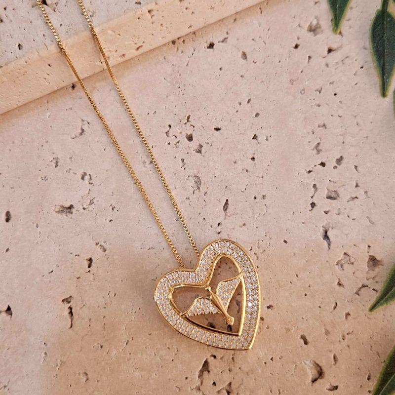 Gargantilha Coração com Espirito Santo Cravejado 45cm