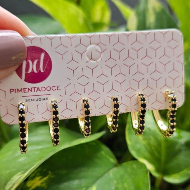 Trio de Argola Coração Zirconias  Negras