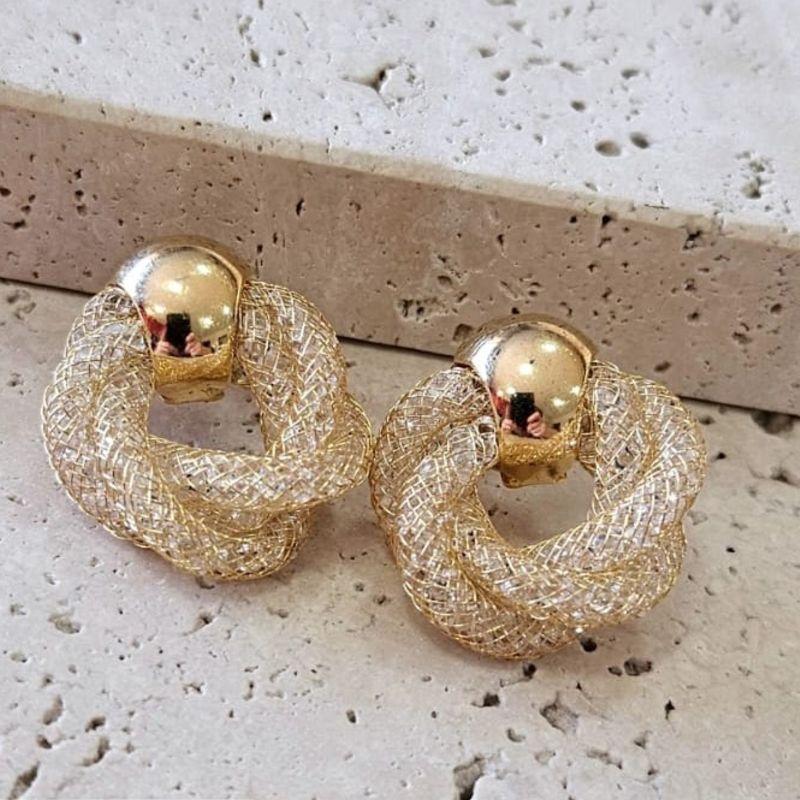 Brinco Tela com Zirconia Trançada