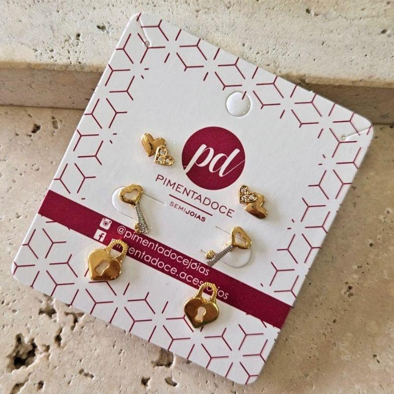 Brinco Trio Cadeado/Chave/Coração