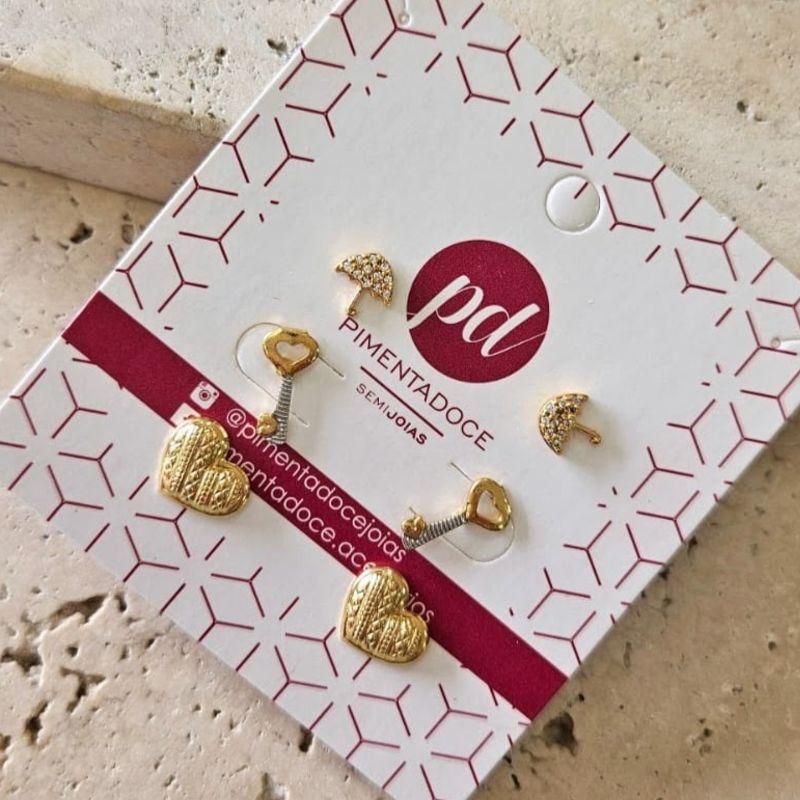 Brinco Trio Coração/Chave/Guarda-Chuva